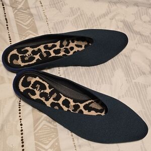 Rothy's Deep Teal Pointed-Toe Flats with Leopard Insole